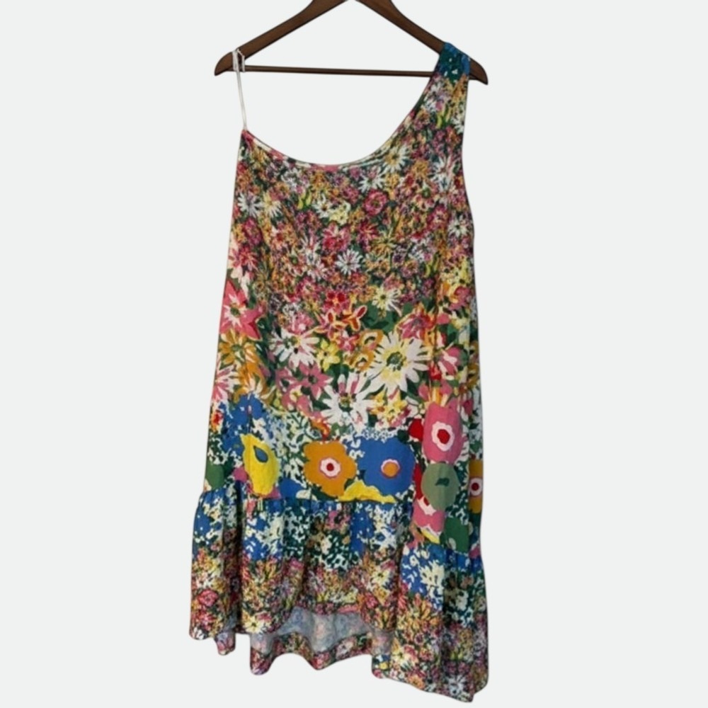 Sarah Campbell for Anthropologie Floral One Shoulder Ruffle Dress Multi Size M